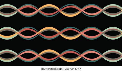 Abstract wavy lines pattern on a black background, featuring interconnected colorful ribbons in a repeating design.