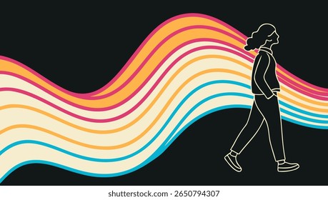 Abstract Wavy Lines Pattern with a Silhouette of a Person Walking Forward Towards a Bright Future Representing Hope and Progress