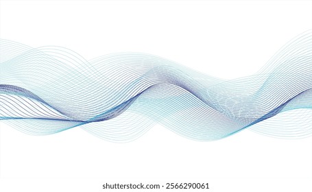 Abstract wavy lines with purple and blue gradients isolated on white background. Blue energy flow concept.	