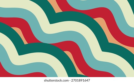 Abstractas líneas onduladas en una paleta de colores retro de crema, verde azulado, rojo y naranja crean un patrón dinámico y fluido.