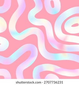 Abstract wavy lines seamless patten. Vector curved line shapes holographic foil gradient pink background. Hand drawn cute liquid groovy texture for print, fashion design, minimalist poster, decor.