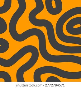 Abstract wavy lines seamless patten. Vector curved line shapes orange and black textured background. Hand drawn cute liquid groovy Halloween texture for fabric print, fashion design, autumn decor.