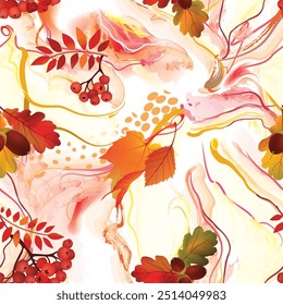 Abstract wavy lines seamless pattern. Autumn organic texture with flowing wavy shapes and leaves. Beautiful watercolored autumnal background 