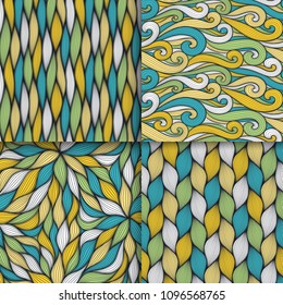 Abstract wavy lines seamless patterns set. Floral organic like vector illustration. Bright colorful seamlessly tiling background collection.