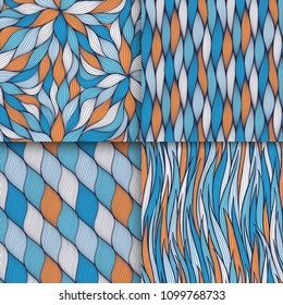 Abstract wavy lines seamless patterns set. Floral organic like vector illustration. Bright colorful seamlessly tiling background collection.