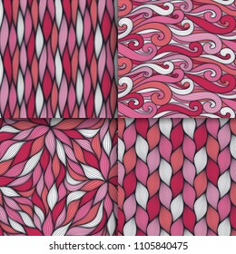Abstract wavy lines seamless patterns set. Floral organic like vector illustration. Bright colorful seamlessly tiling background collection.