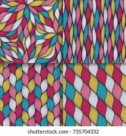 Abstract wavy lines seamless patterns set. Floral organic like vector illustration. Bright colorful seamlessly tiling background collection.