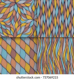 Abstract wavy lines seamless patterns set. Floral organic like vector illustration. Bright colorful seamlessly tiling background collection.