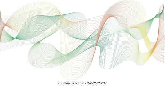 Abstract wavy lines in soft green, red, and yellow gradients on a white background. Elegant flowing curves for modern tech, nature-themed, or minimal digital designs