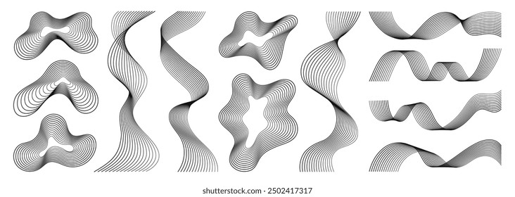 Abstract wavy lines stripes and abstract shapes in black color isolated on white background. Hand drawn lines element for design, art, decoration. Concept of music wave, digital, technology