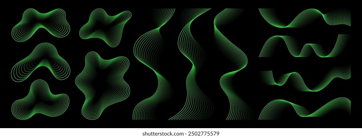 Abstrakte wellenförmige Linien, Streifen und abstrakte Formen in grüner Farbe, einzeln auf schwarzem Hintergrund. Handgezeichnete Linien Element für Design, Kunst, Dekoration. Konzept der Musikwelle, digital, Technologie