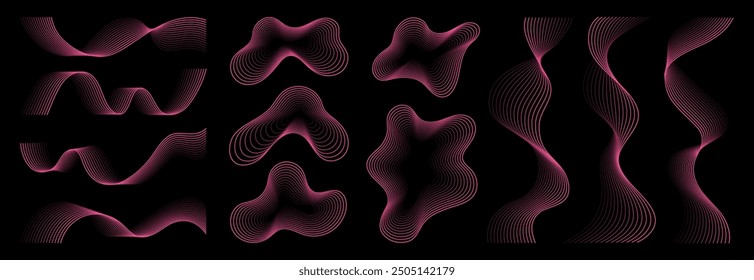 Abstract wavy lines stripes and abstract shapes in pink color isolated on black background. Hand drawn lines element for design, art, decoration. Concept of music wave, digital, technology