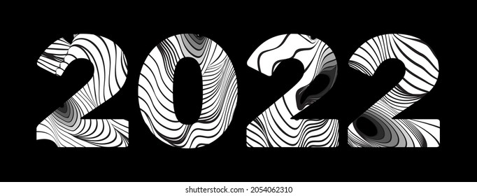 Abstract wavy lines typography 2022. Happy New Year card. Liquify Line. Smooth wavy black and white stripes. Optical illusion. Perspective, curve stripes