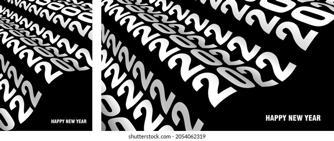 Abstract Wavy Lines Typography 2022. Happy New Year Card. Liquify Line. Smooth Wavy Black And White Stripes. Optical Illusion. Perspective, Curve Stripes