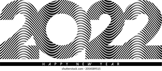 Abstract Wavy Lines Typography 2022. Happy New Year Card. Liquify Line. Smooth Wavy Black And White Stripes. Optical Illusion. Perspective, Curve Stripes