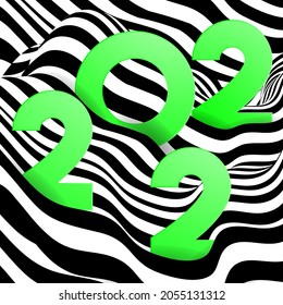 Abstract wavy lines typography 2022. Happy New Year card. Liquify Line. Smooth wavy black and white stripes. Optical illusion. Perspective, curve stripes