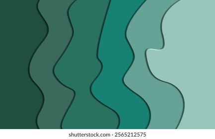 Abstract wavy lines in various shades of green and teal create a layered, flowing pattern, resembling a topographic map or stylized landscape.