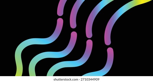 Abstract wavy lines with a vibrant, flowing rainbow gradient of green, blue, and purple on a solid black background.