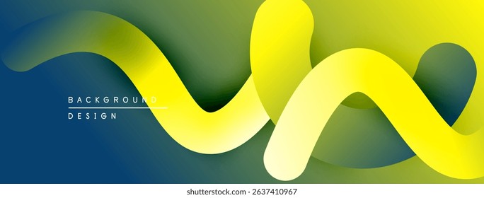Abstract wavy lines, vibrant yellow over green, blue gradient. Modern design element, smooth transitions, dynamic composition.
