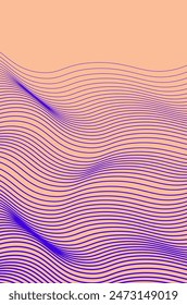 Abstract wavy lines of violet color over peach fuzz color background. Geometric pattern with distorted wavy lines. Background for wall art, web design, package, banner, poster, interior decor.