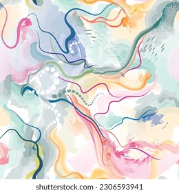 Abstract wavy lines. Watercolor drawing seamless pattern. Gentle multicolor texture. Endless pattern in bright spring style. Flowing waves abstraction. Modern background graphics.