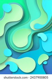 Abstract wavy liquid paper cut craft origami background. Blue and turquoise fluid art layered form vector illustration. Vivid water wave decoration dynamic mockup frame