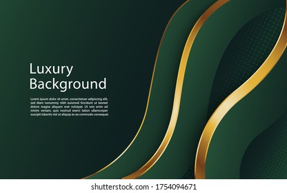 Abstract Wavy Luxury Dark Green And Gold Background. Graphic Design Element.