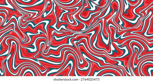 Abstract wavy marbled pattern in red, navy, blue, and cream tones, creating dynamic swirling movement with a retro psychedelic feel.