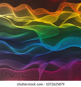 Abstract wavy multi colored stripes on a dark background isolated. Creative line art. Designs for prints, wedding, anniversary, birthday, Valentine's day, party invitations, posters, cards, etc.