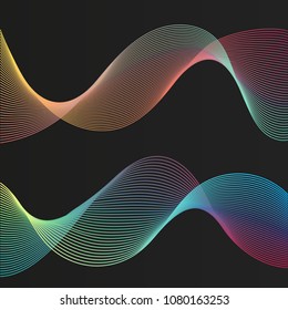 Abstract wavy multi colored stripes on a dark background isolated. Creative line art. Designs for prints, wedding, anniversary, birthday, Valentine's day, party invitations, posters, cards, etc.