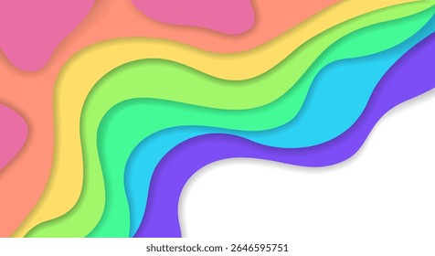 Abstract wavy muted rainbow colors paper cut background with white empty place for text. Elegant 3d layered illustration, lgbt pride bright color wallpaper for summer banner, poster, ui design