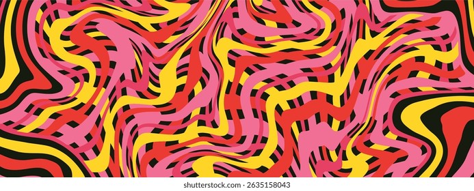 An abstract, wavy net like background of flowing multicolored lines in pink, red, yellow, and black.