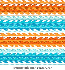 Abstract wavy orange and blue geometric seamless pattern. Vector hand drawn wave, stripe borders background. Ice and fire ornament.