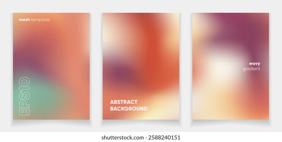 Abstract wavy orange red green liquid background card set with gradient mesh. Blurred fluid colorful background. Modern design template for web covers, ad banners, posters, brochures etc