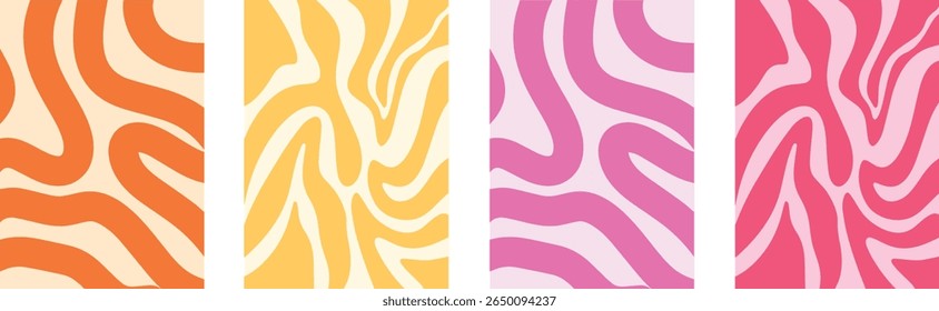 Conjunto de fundos orgânicos ondulados abstratos, curvas e linhas modernas. Planos de fundo abstratos fluidos, ondas psicodélicas e padrões Groovy. Coleção de fundo abstrato criativo para mídias sociais e cartaz.