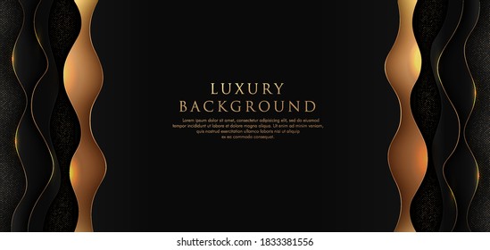 Abstract wavy overlapping on black background with glitter and golden lines glowing dots golden combinations. Luxury and elegant design. Vector illustration