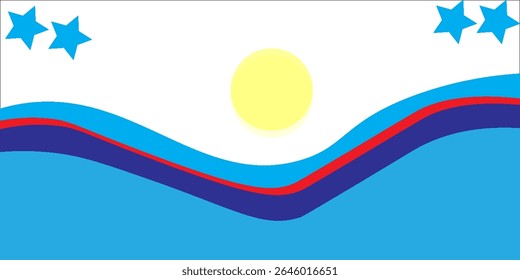 Abstract wavy patriotic design with yellow sun, blue waves, red and dark blue curves, and bright blue stars on white background. Perfect for festive, celebratory, or national themes.