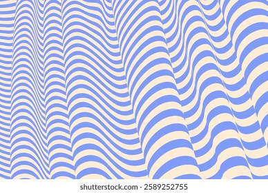 Abstract wavy pattern with blue and beige curved lines creating an optical illusion of depth and fluid movement. Modern digital artwork featuring dynamic flow, surreal distortion, and a hypnotic