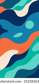 Abstract wavy pattern in blue, green, and coral red hues.  Perfect for modern design projects or a calming, coastal vibe.