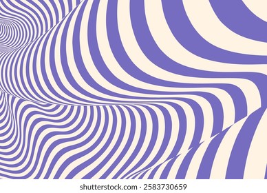 Abstract wavy pattern with bold purple and beige curved lines, optical illusion of depth and motion. Modern digital artwork with fluid shapes, dynamic movement, hypnotic aesthetic.