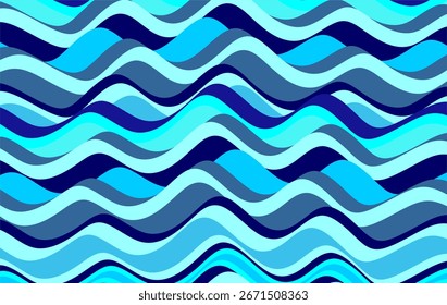 Um design abstrato com um padrão de onda fluente em vários tons de azul, variando de claro a escuro. As curvas suaves e ondulantes criam um efeito rítmico e fluido que lembra as ondas do oceano.