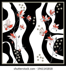 Abstract wavy pattern with flowers on black background. Vector patch for print, fabric, scarf design.