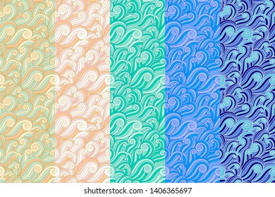 Abstract wavy patterns. Geometric ornaments collection. Hand draw doodle waves pattern set for digital desktop wallpaper, fabric swatch, gift wrapping paper, greeting card, banner, textile print.
