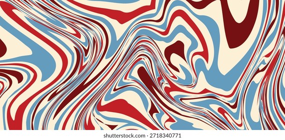 Abstractas patrones ondulados en rojo, azul y crema, crean movimientos dinámicos con una sensación retro psicodélica. Eps 10