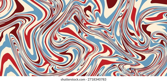 Abstractas patrones ondulados en rojo, azul y crema, crean movimientos dinámicos con una sensación retro psicodélica. Vector Eps 10