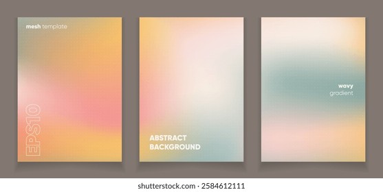 Abstract wavy pink yellow green liquid background card set with gradient mesh. Blurred fluid colorful background. Modern design template for web covers, ad banners, posters, brochures etc