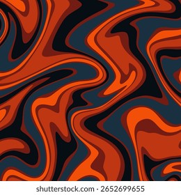Abstract, wavy, psychedelic background with vibrant red orange, deep brown, and charcoal black tones in a fluid, lava like pattern.
