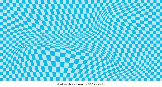 Abstract wavy psychedelic checkerboard background with  sky colors. Trippy design with distortion grid effect. Twisted wavy and groovy geometrical chessboard.