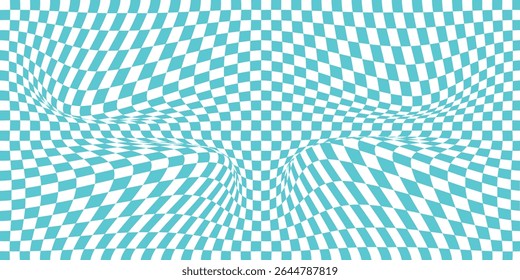 Abstract wavy psychedelic checkerboard background with  sky colors. Trippy design with distortion grid effect. Twisted wavy and groovy geometrical chessboard.