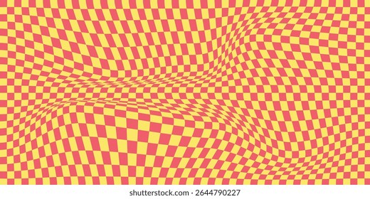 Abstract wavy psychedelic checkerboard background . Trippy design with distortion grid effect. Twisted wavy and groovy geometrical chessboard.